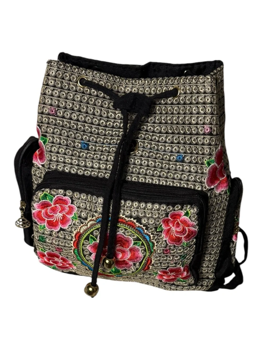 Embroidered Floral Bohemian handcrafted Drawstring Backpack - Pink/Black 12”by10